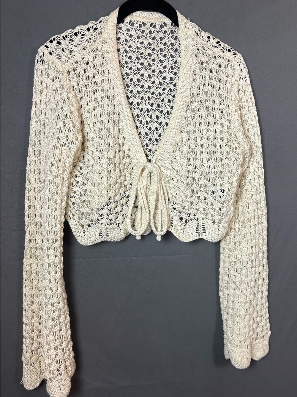 Women's Cropped Cardigan | Cream Crochet Tie-Front | Flared Bell Sleeves |